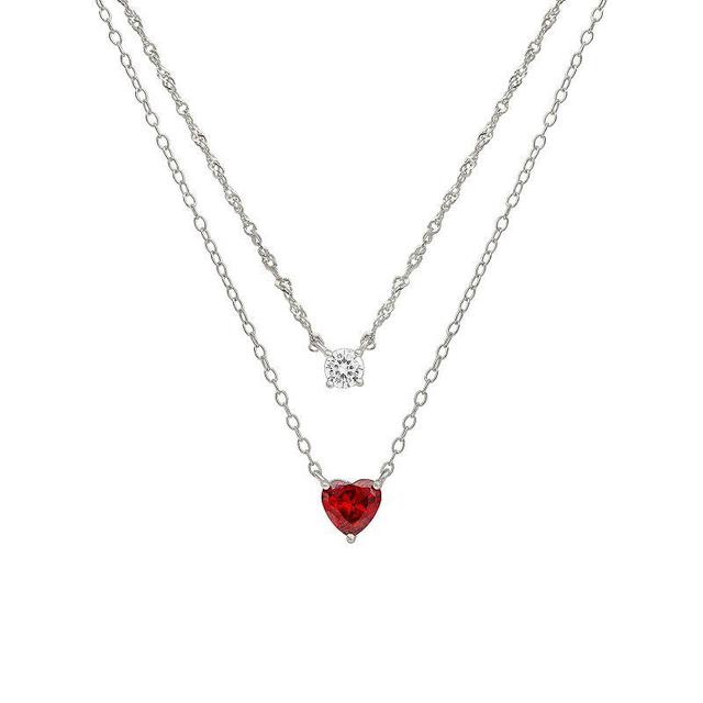 PRIMROSE Sterling Silver Red Cubic Zirconia Heart Double Strand Necklace, Womens Sterling And Red Product Image