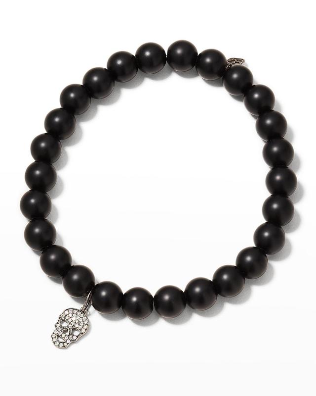 Mens Diamond Skull Charm Onyx Beaded Bracelet Product Image