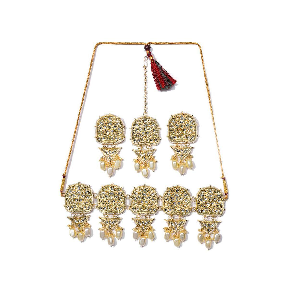 Sohi Womens Gold Cluster Stone Necklace, Earrings And Maangtika (Set Of 3) Product Image