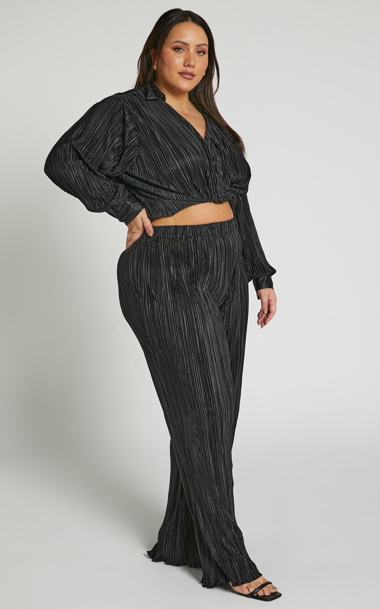 Beca Pants - High Waisted Plisse Flared Pants in Black Product Image