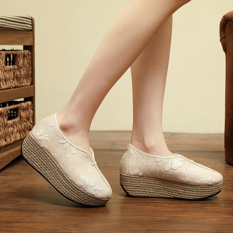 Platform Flower Embroidered Slip Ons Product Image