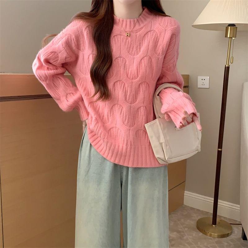 Long-Sleeve Crewneck Cable Knit Sweater Product Image