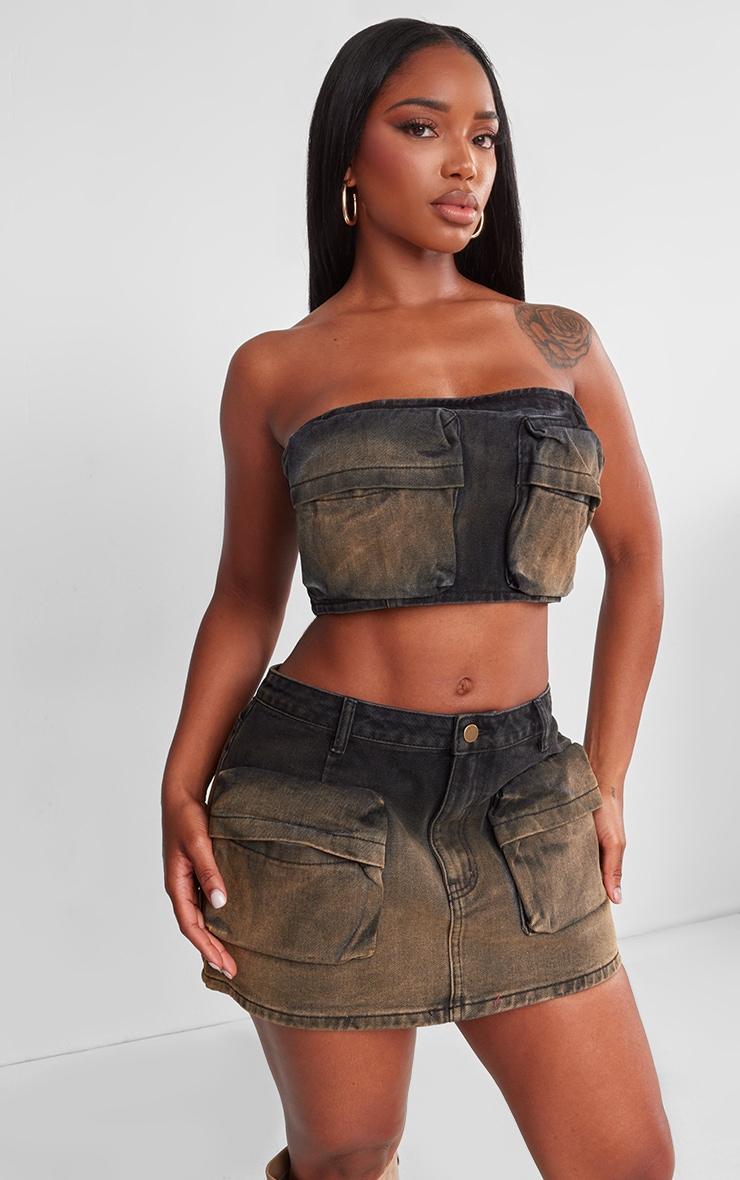 Shape Brown Washed Denim Pocket Detail Bandeau Crop Top product image