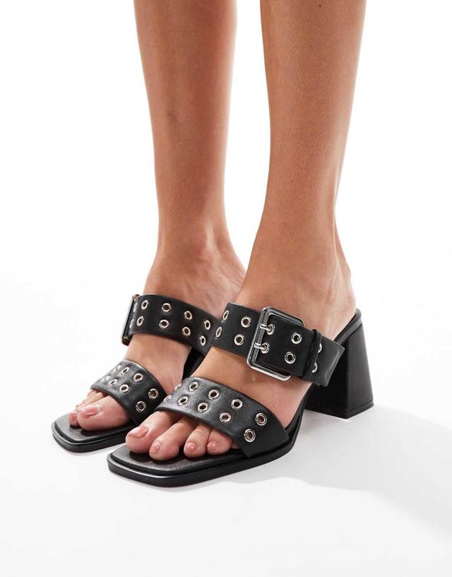 ASOS DESIGN Hide buckle detail mid block heeled sandals in black  Product Image