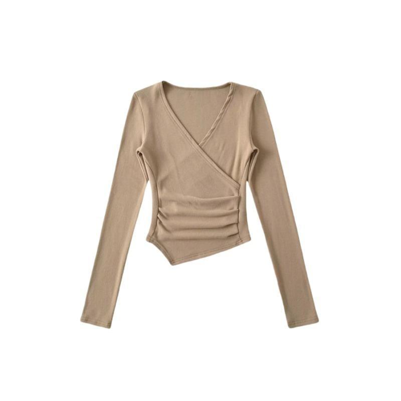 Long-Sleeve V-Neck Plain Asymmetrical Ruched Slim Fit Crop T-Shirt Product Image