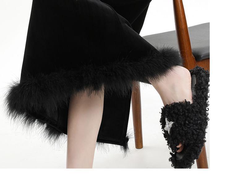 High Rise Furry Hem Velvet Plain Midi A-Line Skirt Product Image