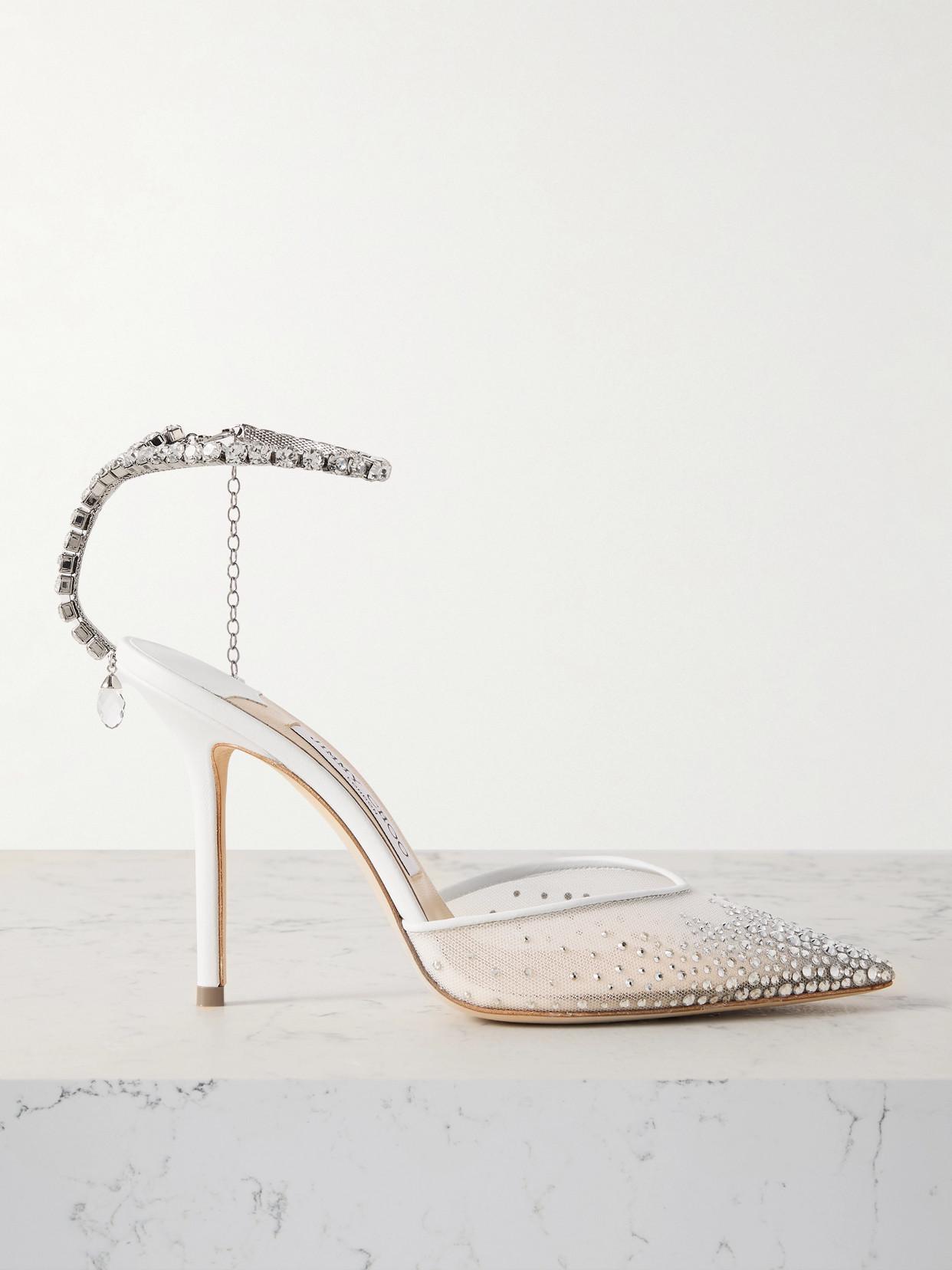 JIMMY CHOO Saeda 100 Crystal-embellished Mesh Heeled Courts In White/crystal Product Image