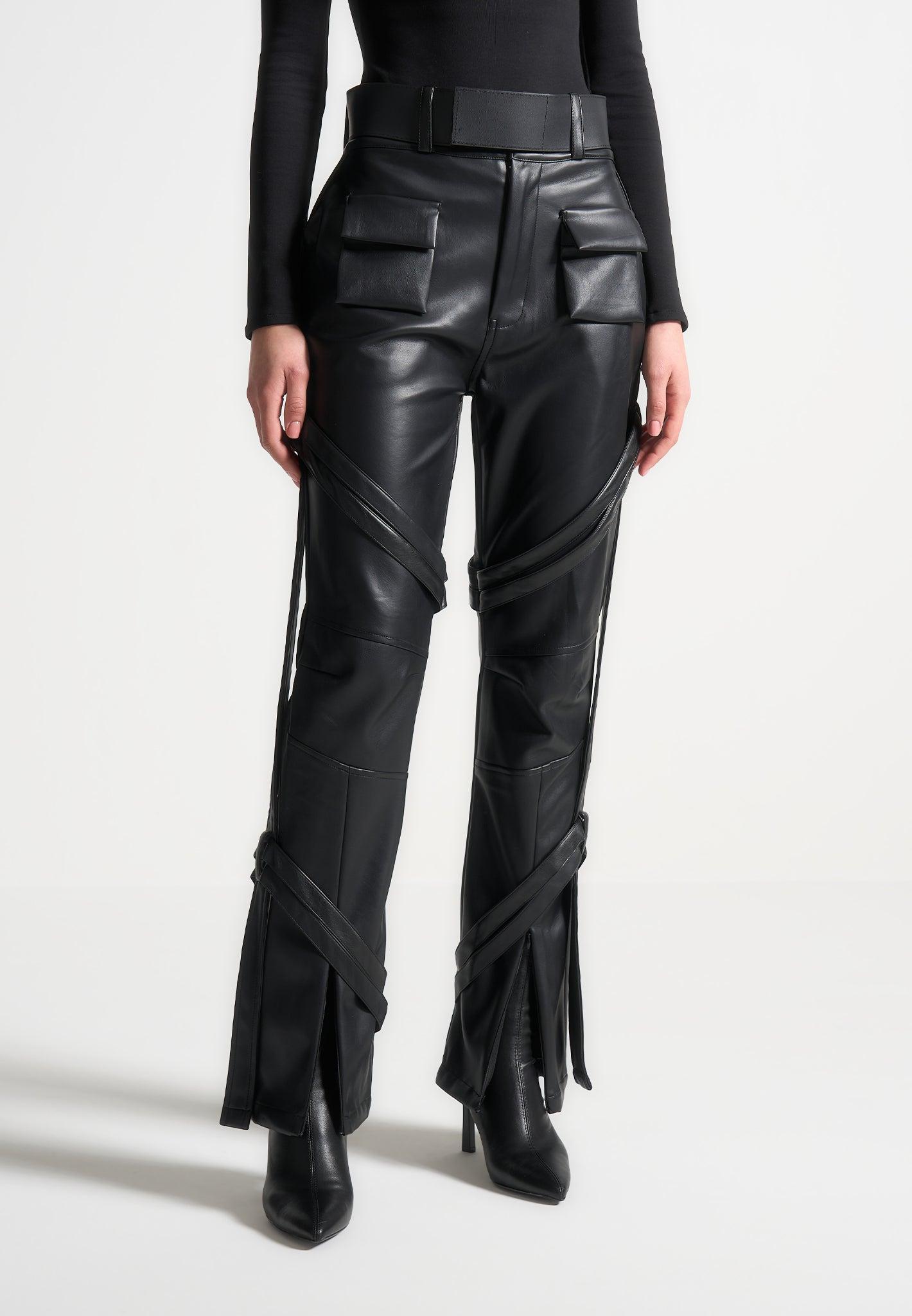 Vegan Leather Carpenter Cargo Trousers - Black Female Product Image