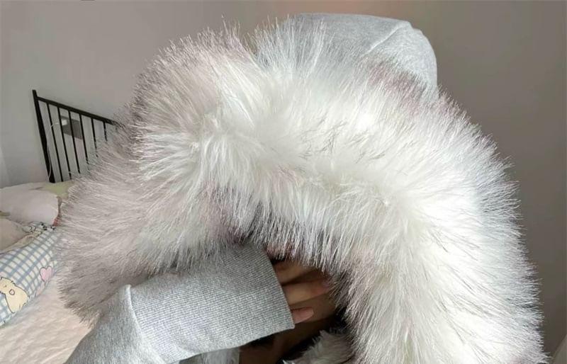 Fluffy Hooded Plain Zip Jacket Product Image