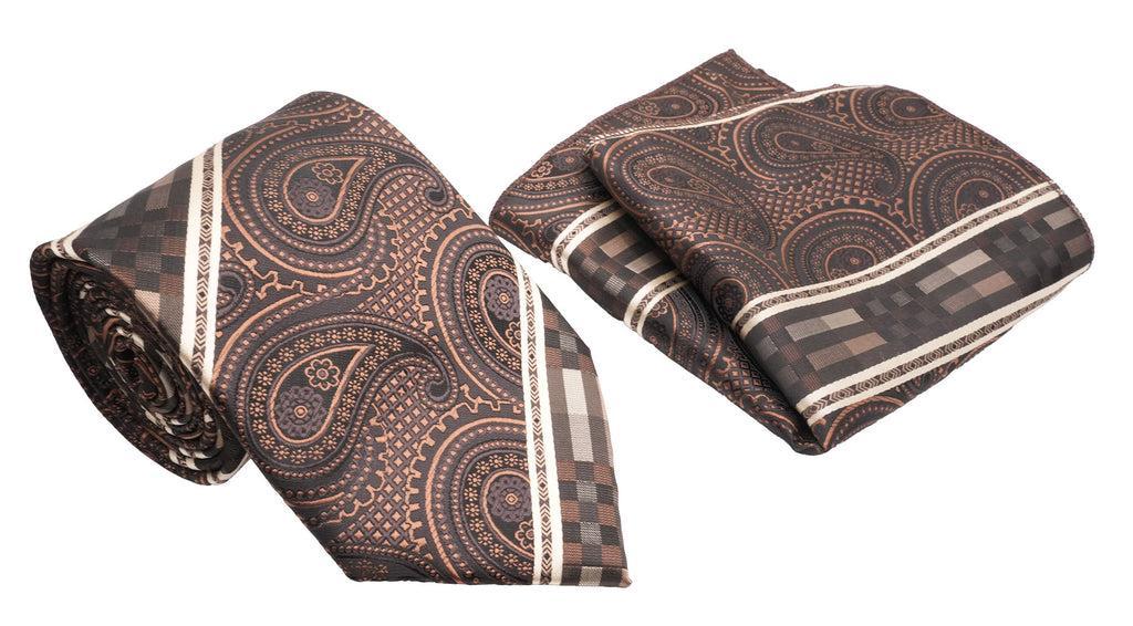 Brown Paisley Pattern Diagonal Men's Classic Tie and Pocket Square Set Product Image