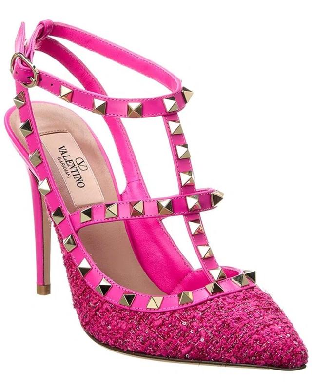 Rockstud Caged 100 Tweed & Leather Pump In Pink Product Image