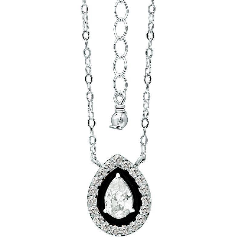 Aleure Precioso Sterling Silver Enamel & Cubic Zirconia Pear Shaped Halo Necklace, Womens Black Product Image