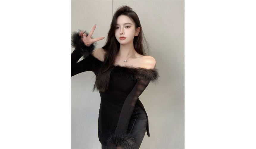 Off-Shoulder Plain Fluffy Trim Ribbed Side-Slit Sweater Product Image