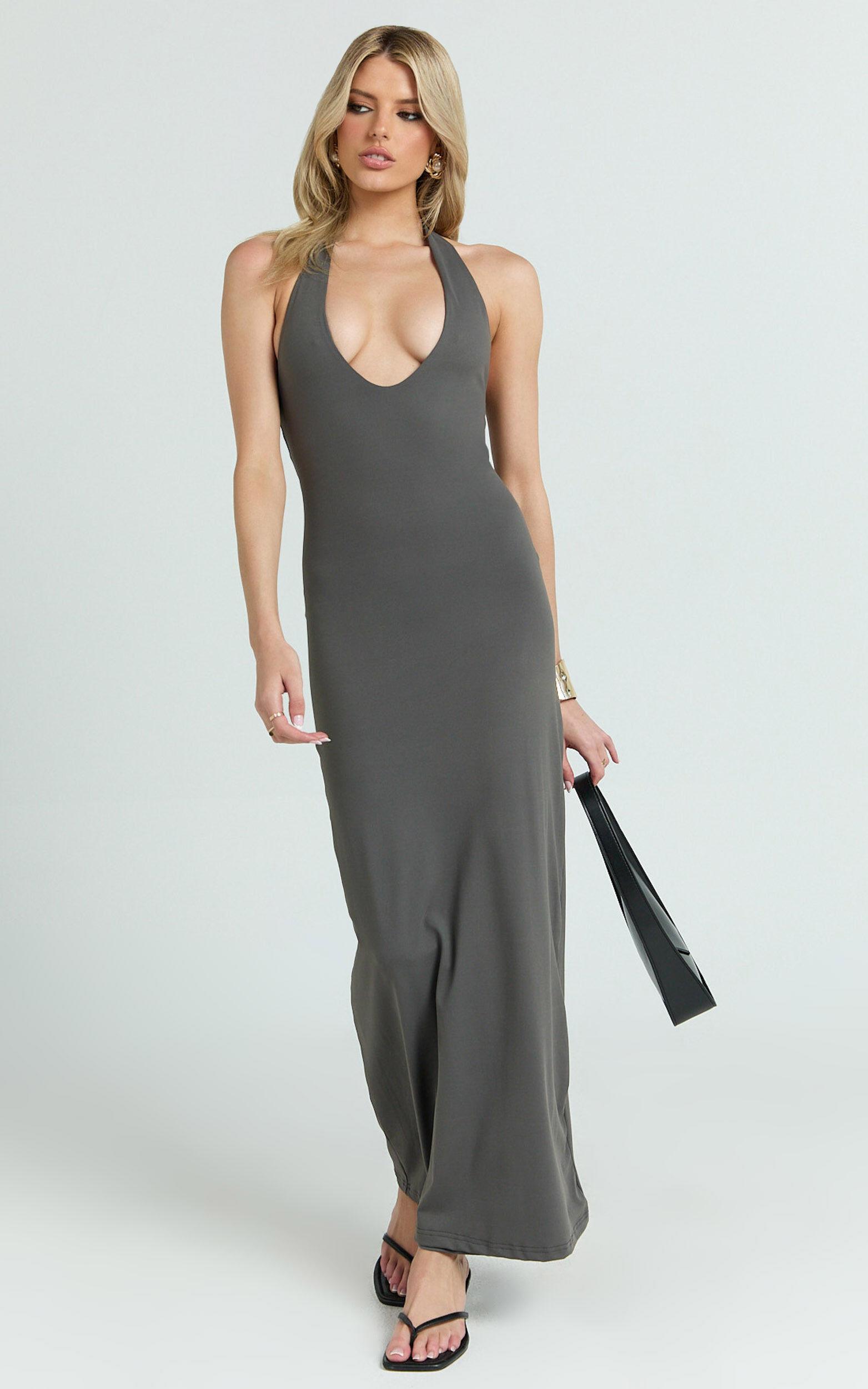 Honey Maxi Dress - Halter Plunge Bodycon Dress in Charcoal Product Image