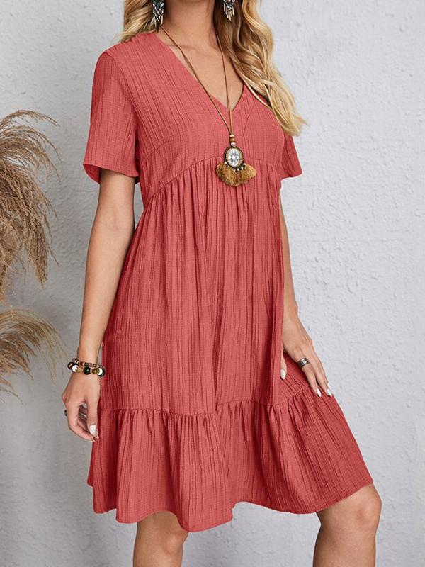 A-Line Loose Pleated Solid Color Split-Joint V-Neck Mini Dresses Product Image