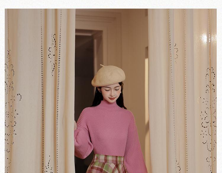 Set: Mock Neck Plain Sweater + High Rise Plaid Midi A-Line Skirt Product Image