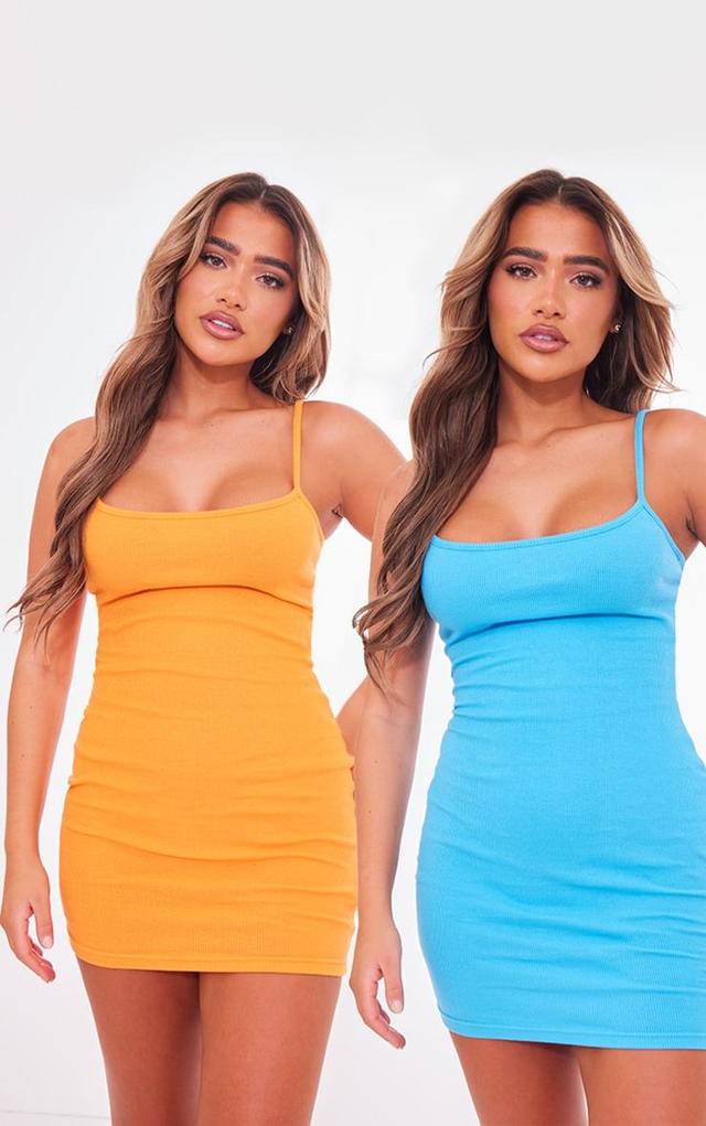 Blue & Orange 2 Pack Rib Strappy Bodycon Dress Product Image