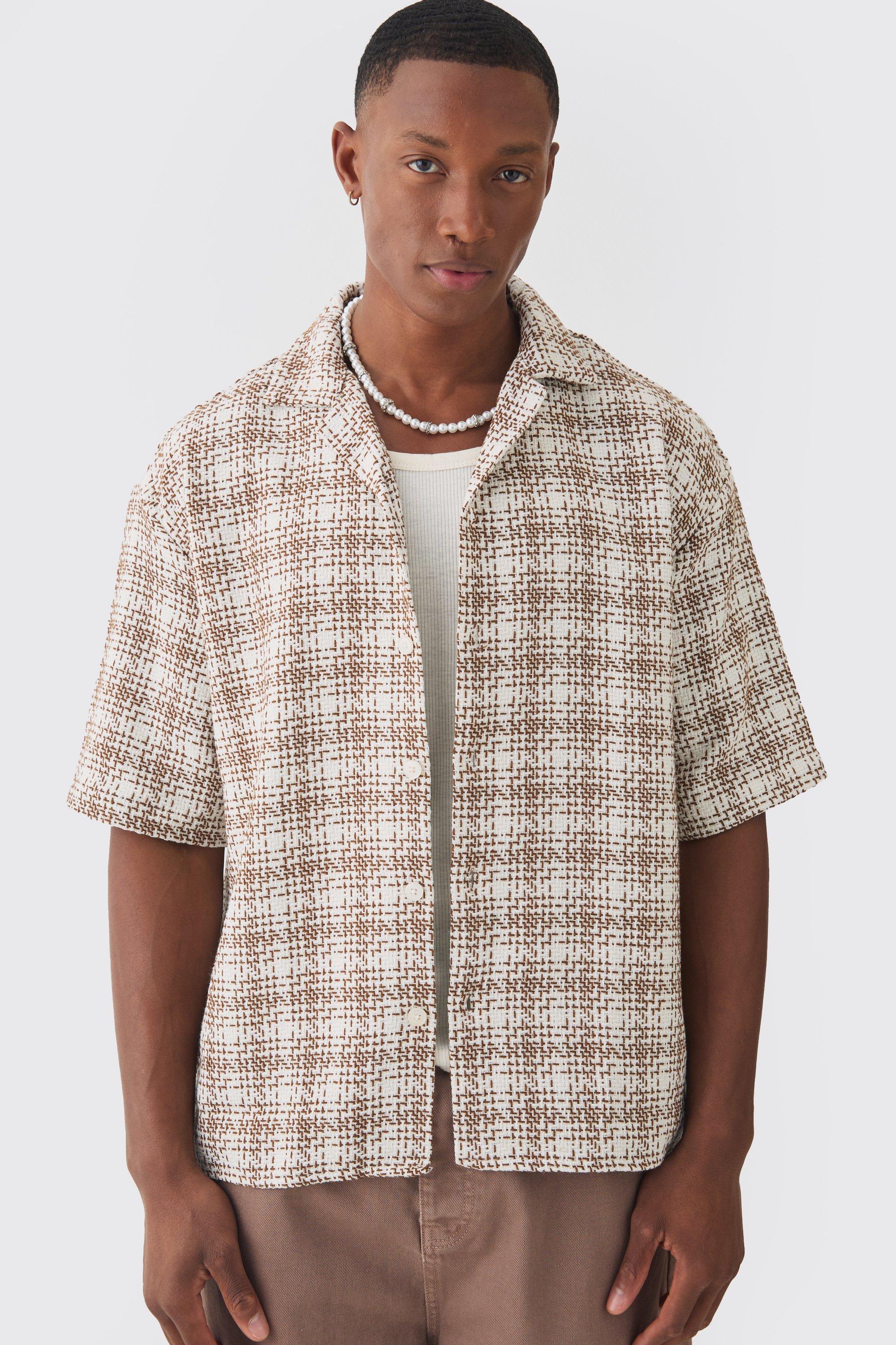 Oversized Boucle Plaid Short Sleeve Revere Shirt | boohooMAN USA Product Image