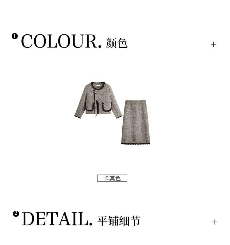 Set: Round Neck Fluffy Trim Frog Closure Jacket + High Rise Midi A-Line Skirt Product Image