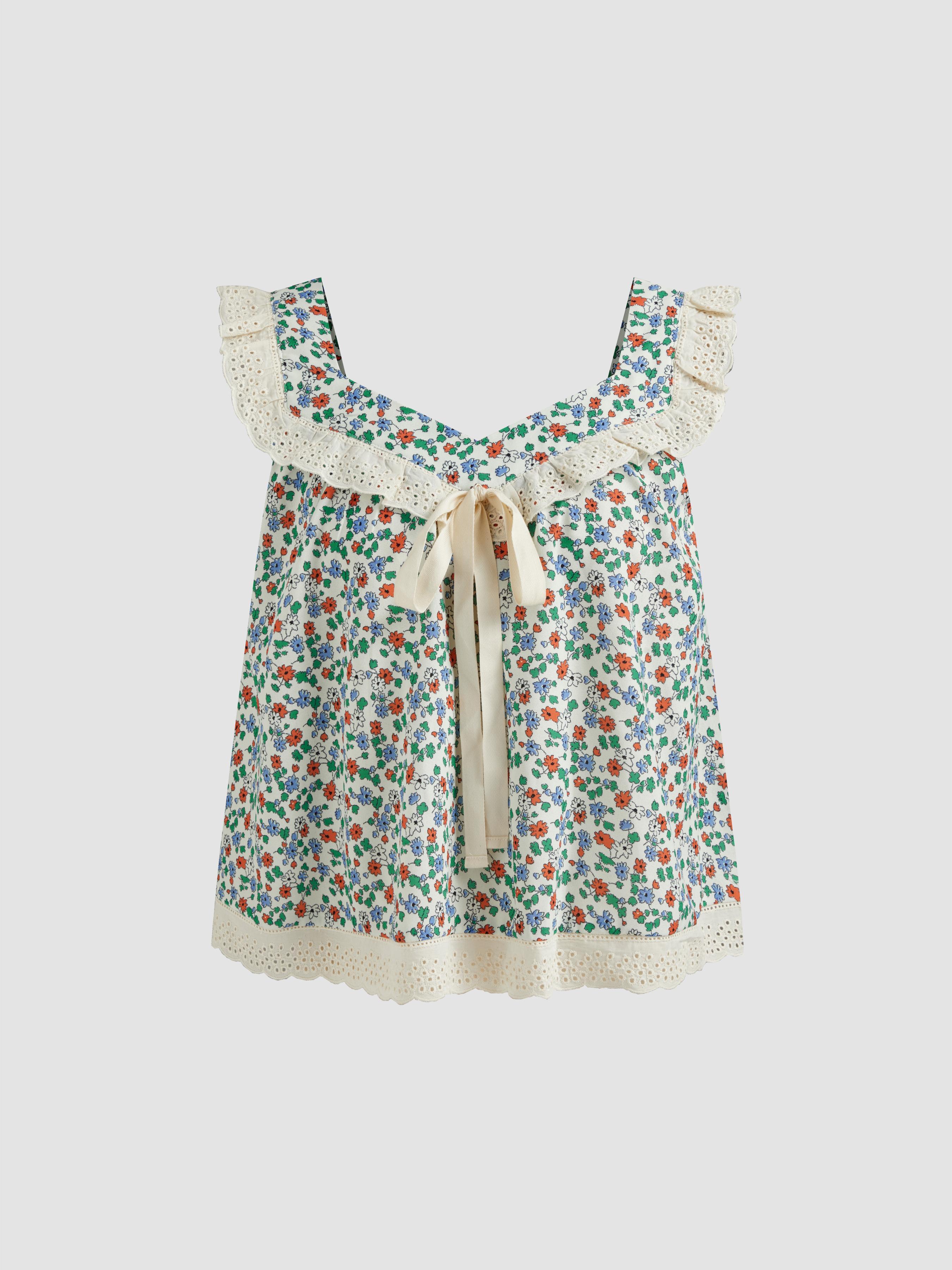 Sweetheart Floral Contrasting Binding Bowknot Ruffle Top Product Image