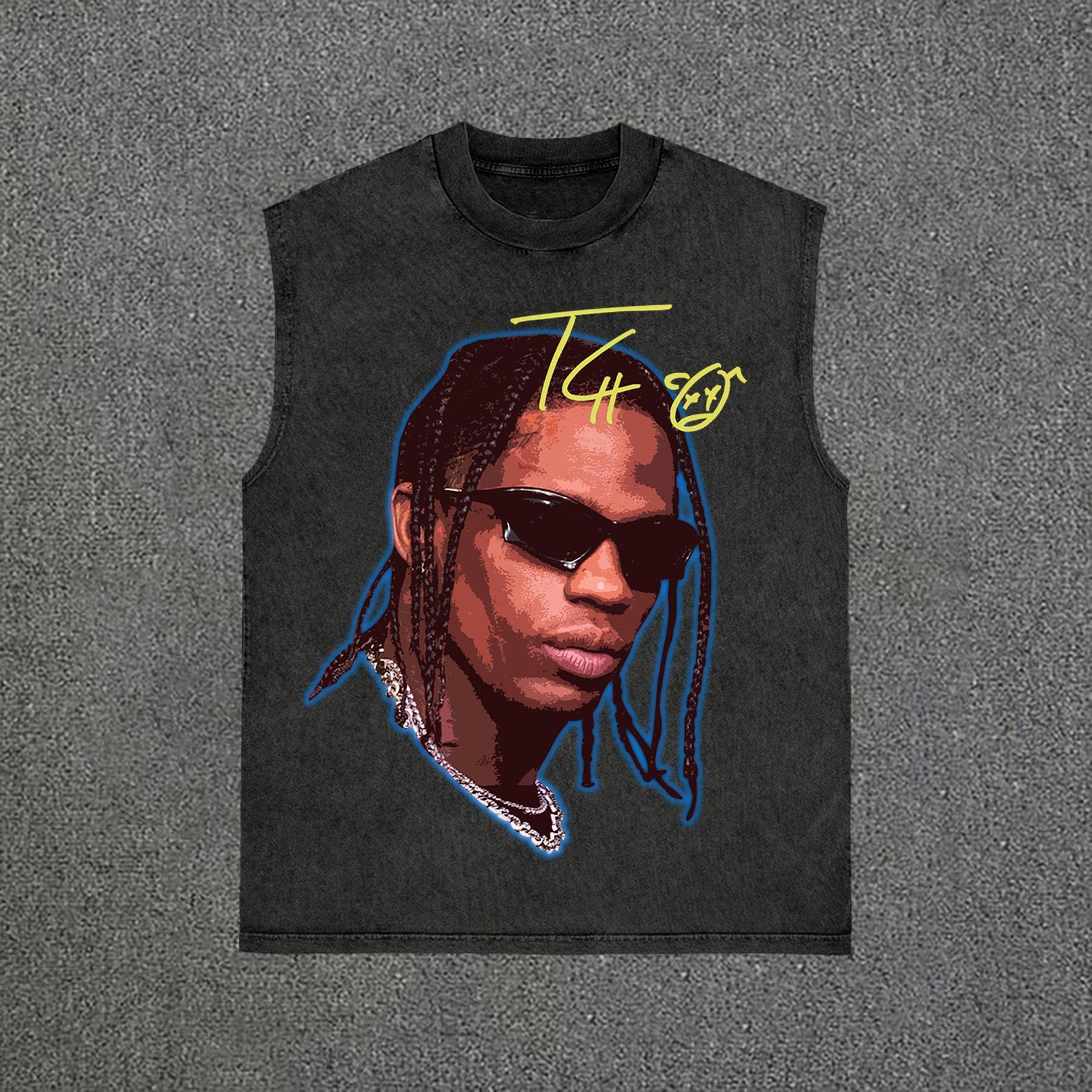 Sopula Vintage Travis Scott Portrait Graphic Print Vintage Wash Sleeveless Tank Top Product Image