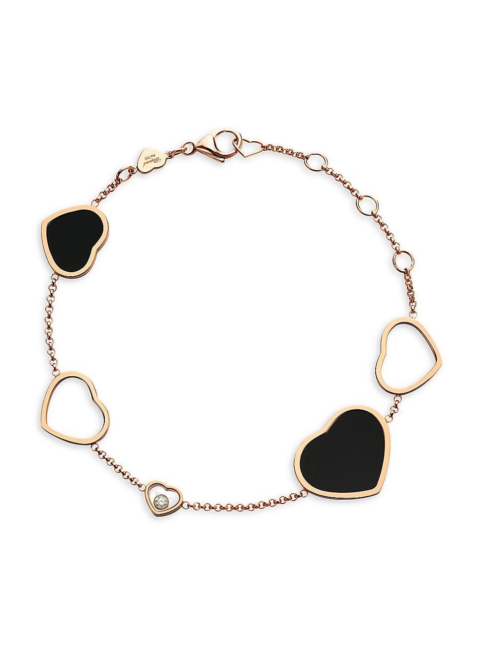 Womens Happy Hearts 18K Rose Gold, Onyx & Diamond Charm Bracelet Product Image