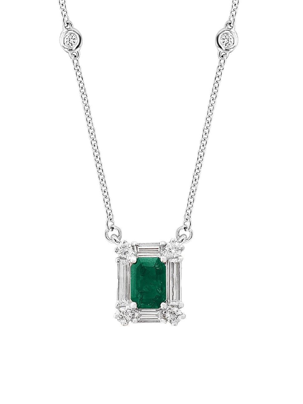 Womens 14K White Gold, Emerald & 0.18 TCW Diamond Halo Pendant Necklace Product Image