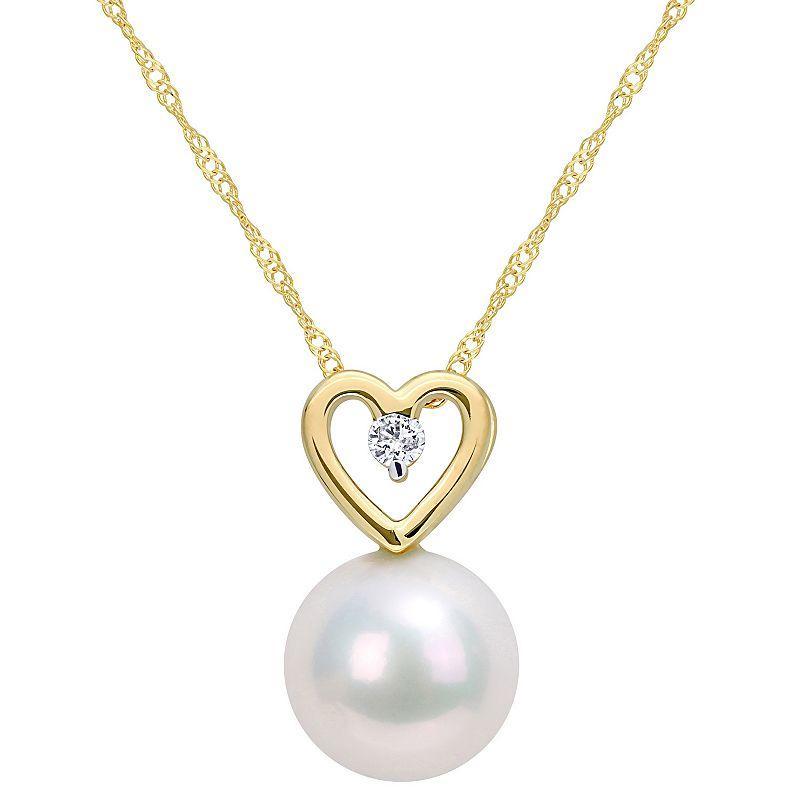 Stella Grace 10k Gold Freshwater Cultured Pearl & Diamond Accent Heart Drop Pendant Necklace, Womens Product Image