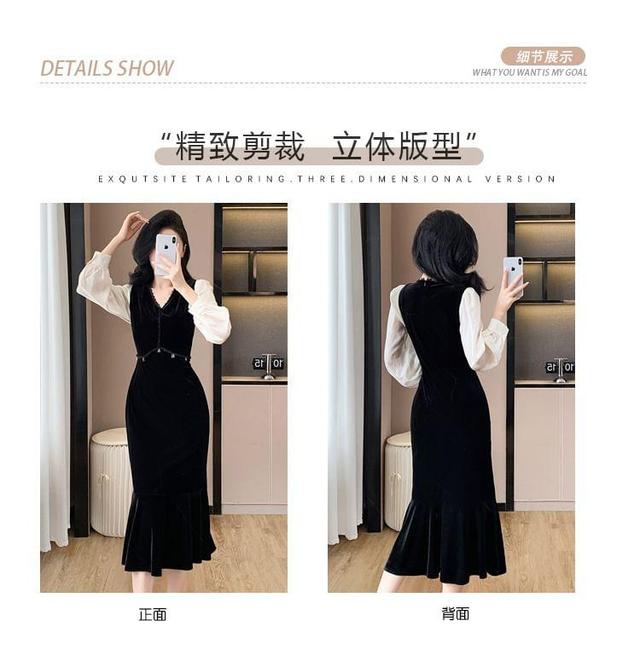 Puff-Sleeve V-Neck Two Tone Lace Trim Midi Mermaid Dress Product Image