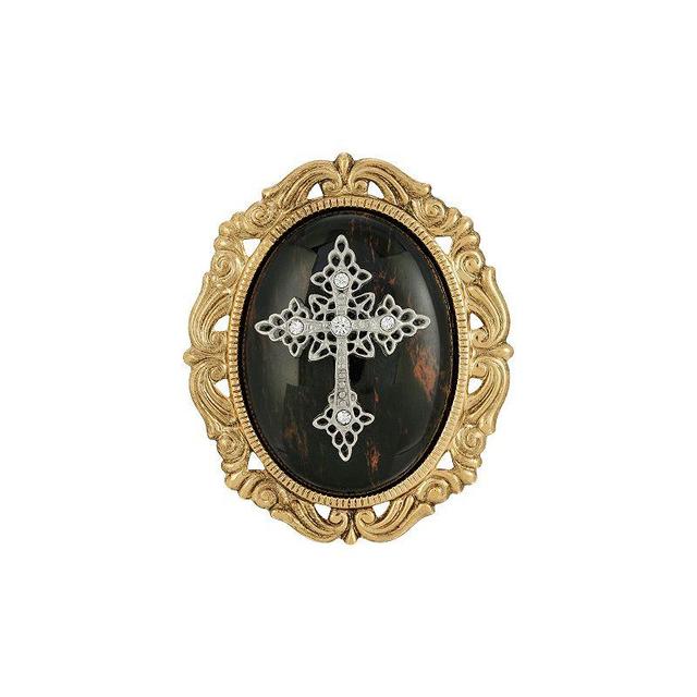 Symbols Of Faith Gold Tone Crystal Cameo Cross Brooch, Womens, Brown Product Image