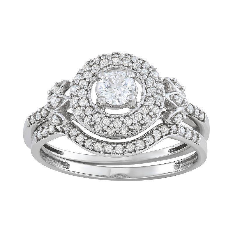 10k White Gold 5/8 Carat T.W. Diamond Halo Engagement Ring Set, Womens 10k Whgold Product Image