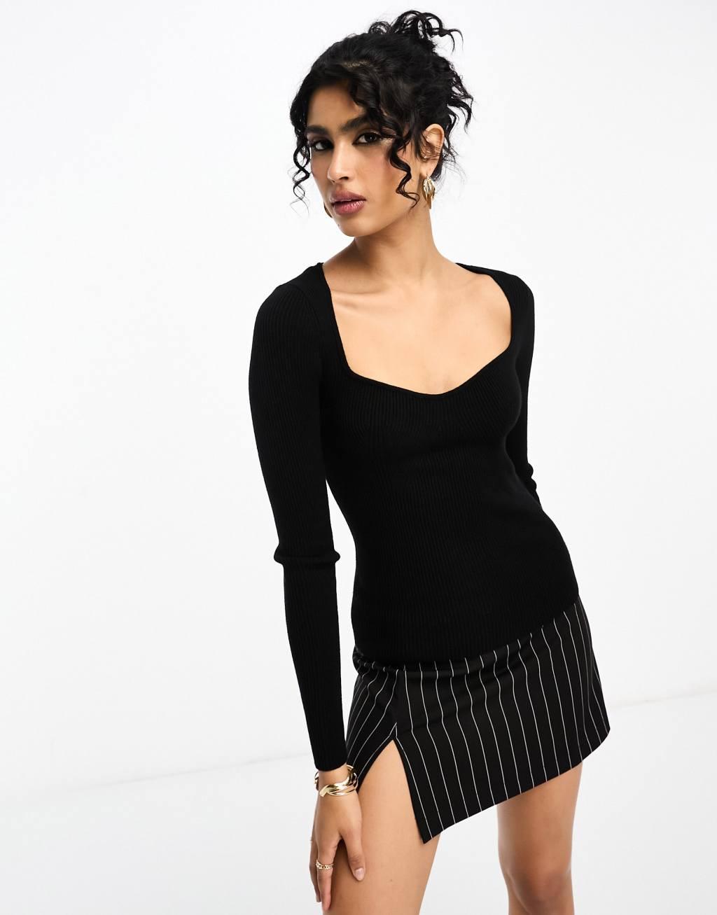 Y.A.S sweetheart neck knitted top in black product image