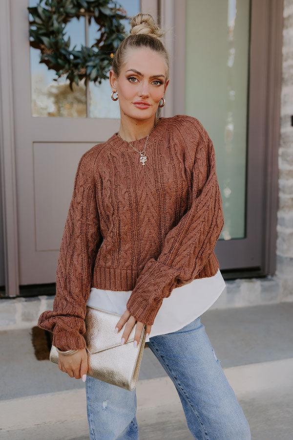 Thriving Weekend Cable Knit Sweater Top In Brown Product Image