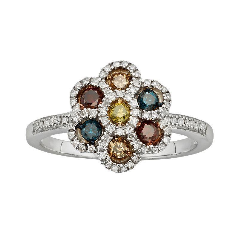 Jewelexcess Sterling Silver 1/2-ct. T.W. Diamond Flower Ring, Womens Multicolor Product Image