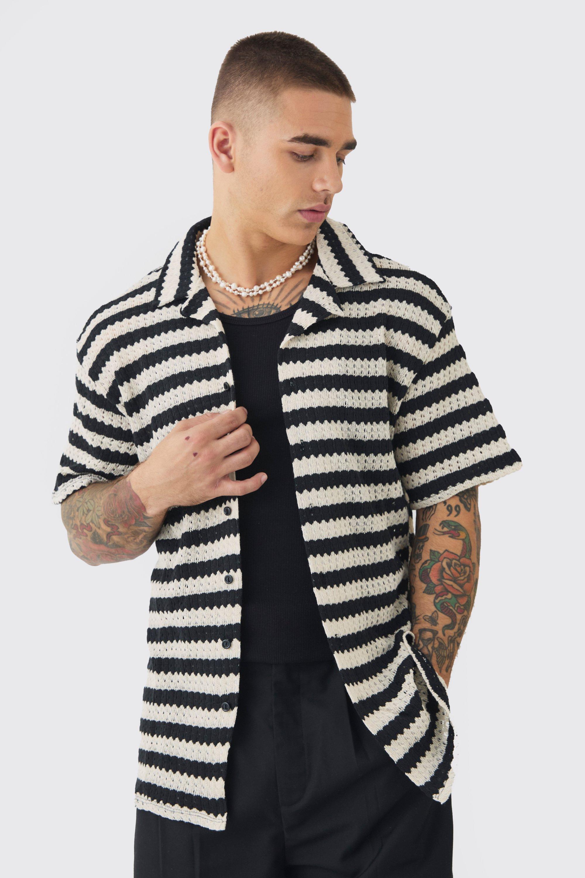 Open Weave Oversized Striped Shirt | boohooMAN USA Product Image