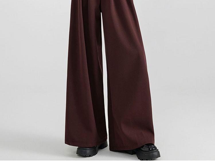 High Waist Plain Pleated Wide Leg Dress Pants Product Image