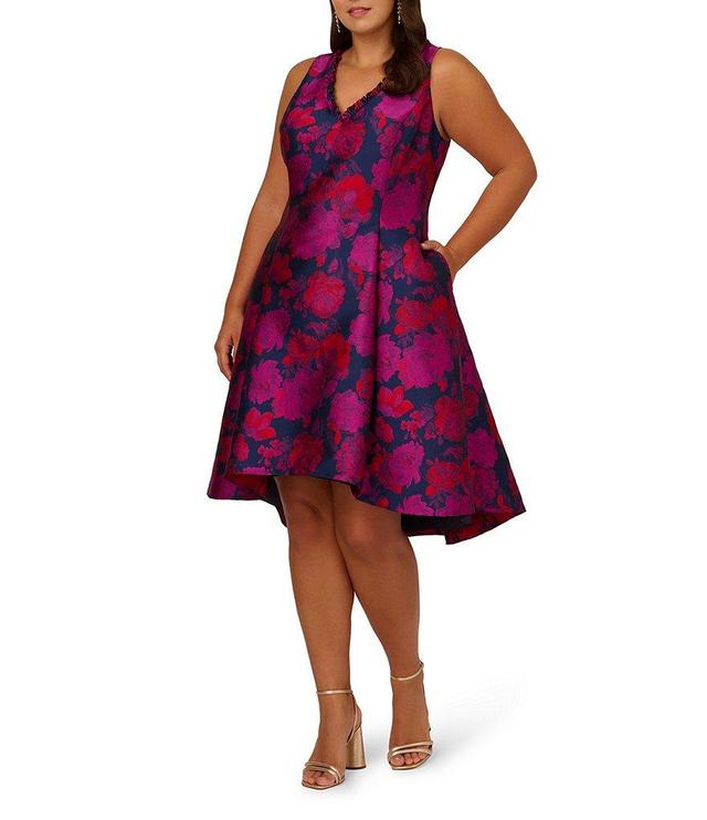 Adrianna Papell Plus Size Sleeveless V-neck Floral Jacquard High Low Fit and Flare Dress Product Image