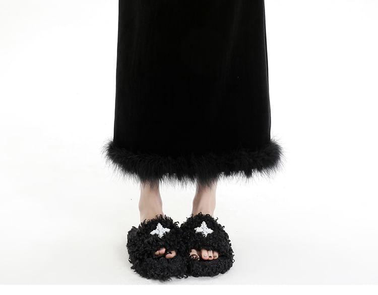 High Rise Furry Hem Velvet Plain Midi A-Line Skirt Product Image