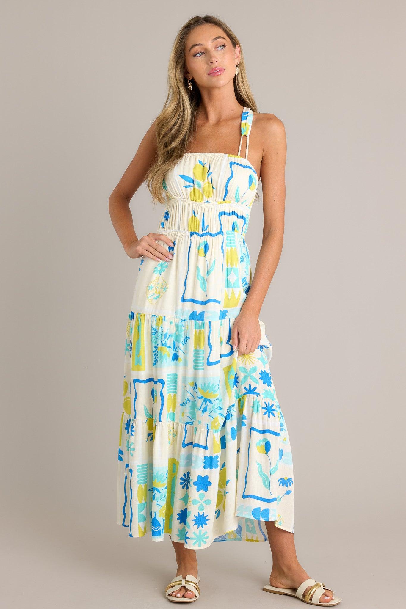 Summer Squeeze Blue Multi Print Tiered Midi Dress Product Image