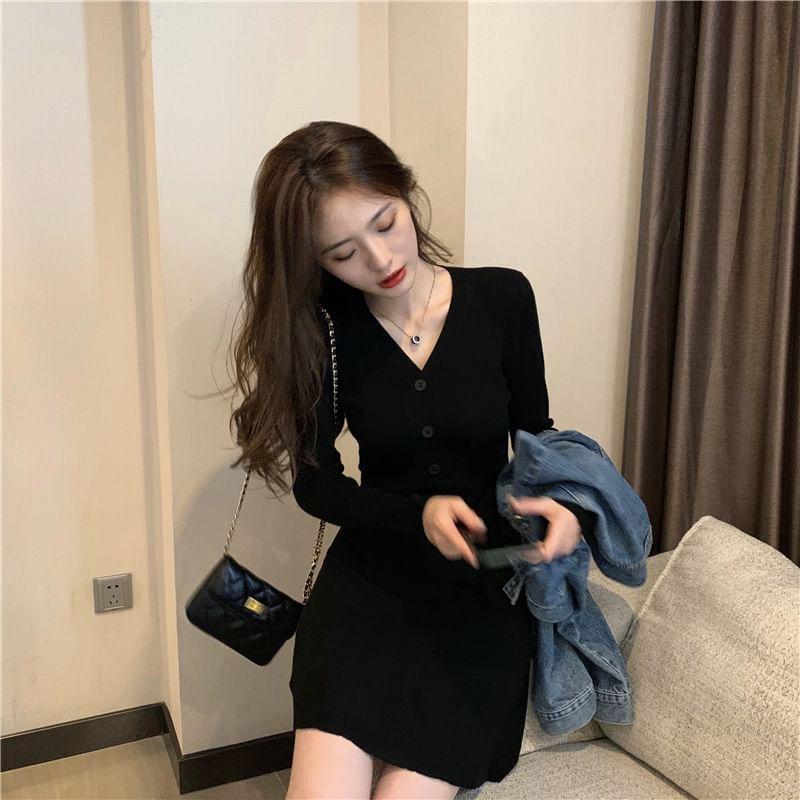 Long Sleeve V-Neck Plain Button Knit Mini A-Line Dress Product Image