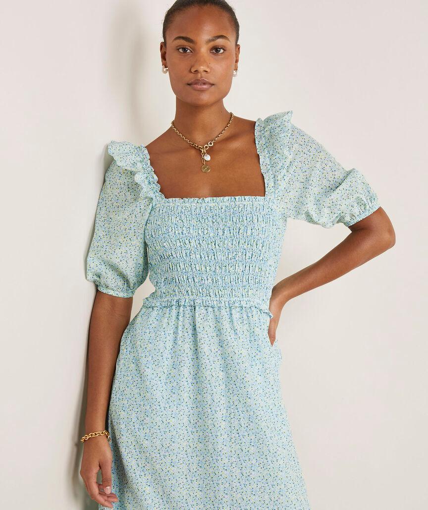 Smocked Puff-Sleeve Midi Dress Product Image