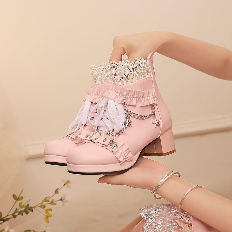 Chunky Heel Ruffled Lace-Up Short Boots product image