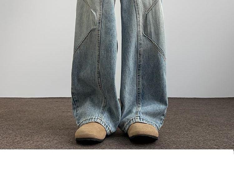 Mid Rise Washed Panel Straight Leg Jeans Product Image