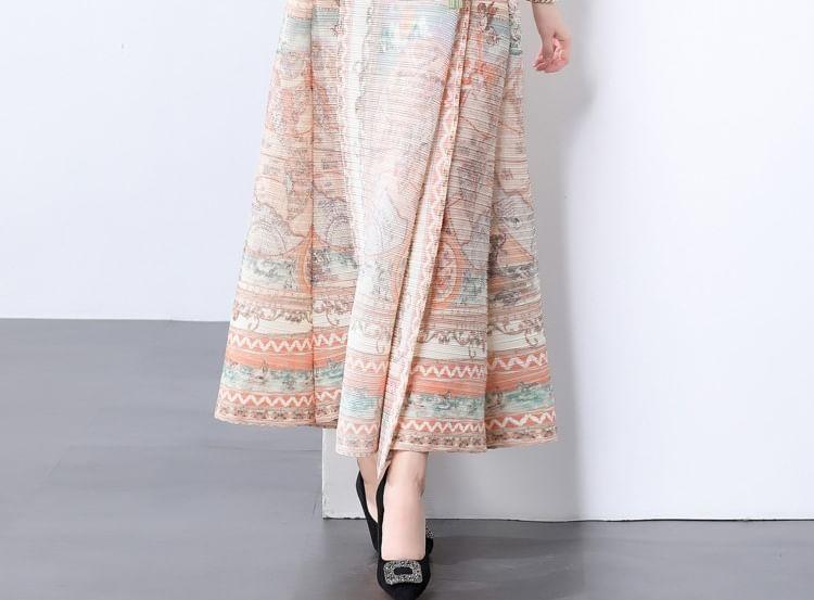 Long Sleeve V-Neck Patterned Print Tie-Waist Maxi A-Line Coat Dress Product Image