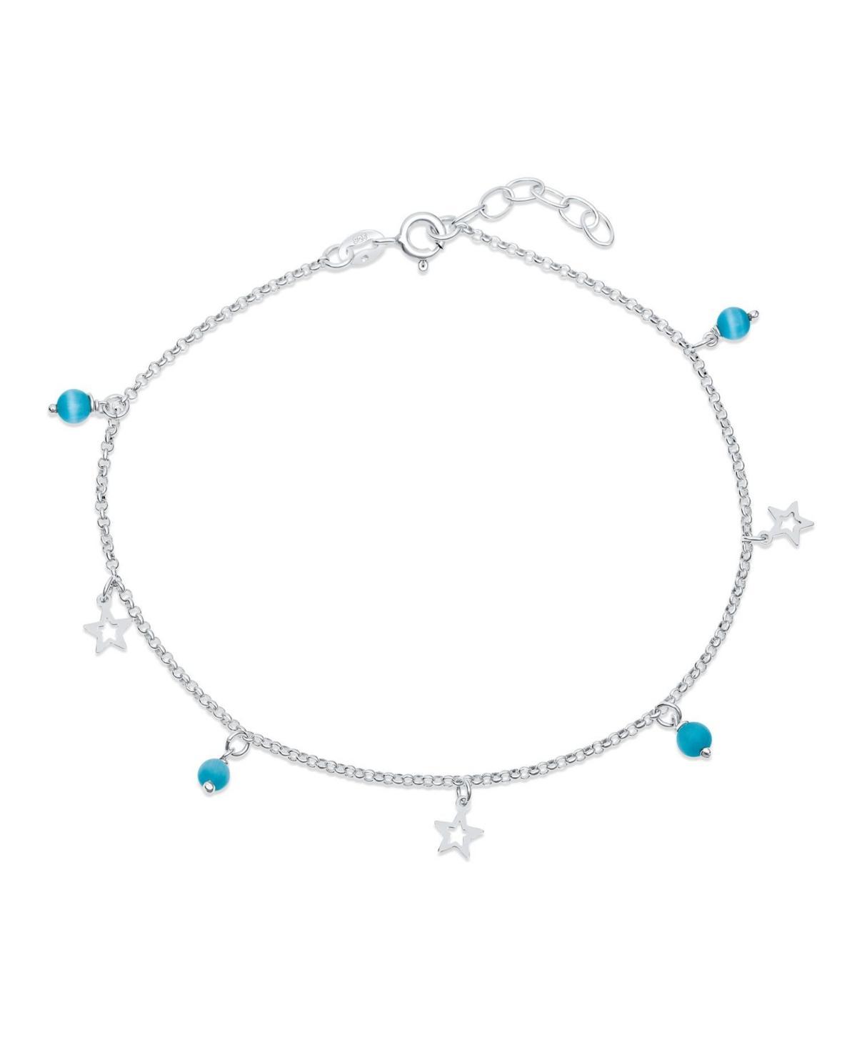 Bling Jewelry Dangle Aqua Blue Vacation Cats Eye Bead Anklet For Open Star Multi Charm Ankle Bracelet For Women .925 Sterling Silver Adjustable product image