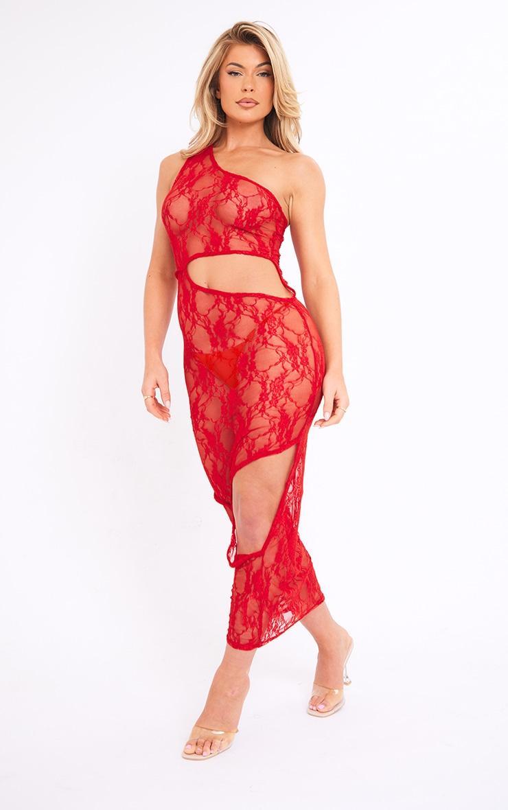 Red Sheer Lace One Shoulder Multi Cut Out Midaxi Dress product image