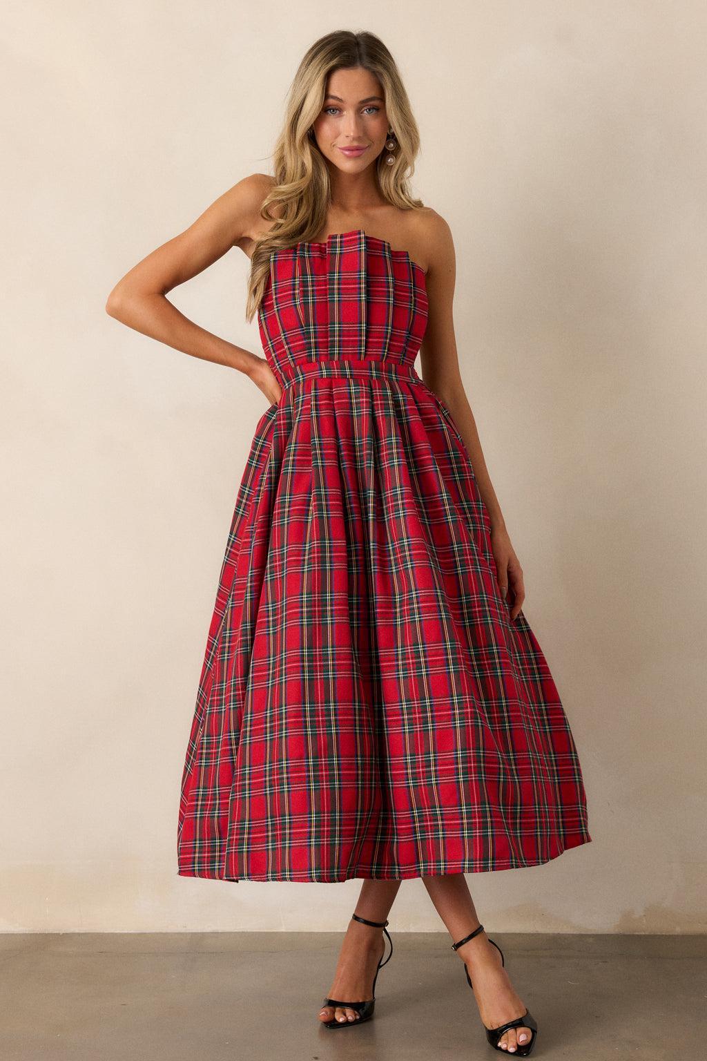 Crystal Dreams Red Plaid Strapless Midi Dress product image