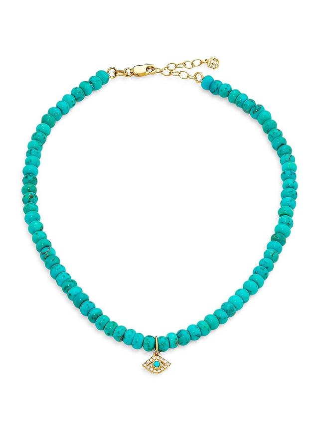 Womens 14K Yellow Gold, Diamond & Turquoise Evil Eye Beaded Anklet Product Image