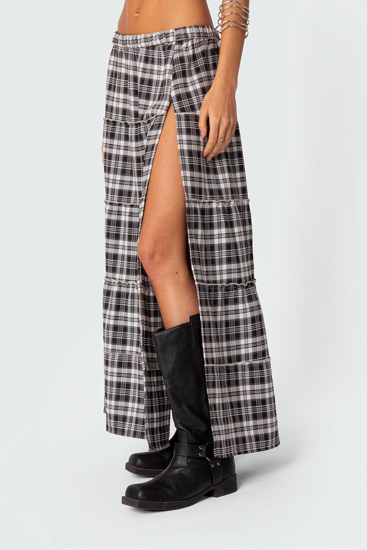 Plaid Side Slit Tiered Maxi Skirt Product Image