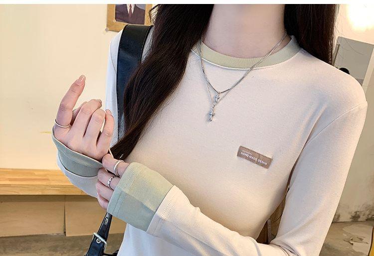 Long Sleeve Round Neck Mock Two Piece Tee Product Image